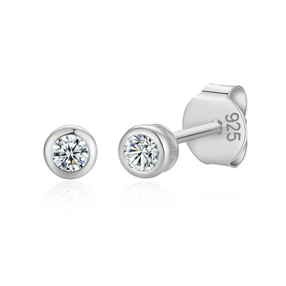 Rhodium Plated 925 Sterling Silver Cubic Zirconia Round Bezel Set Stud Earrings, 3mm Stone