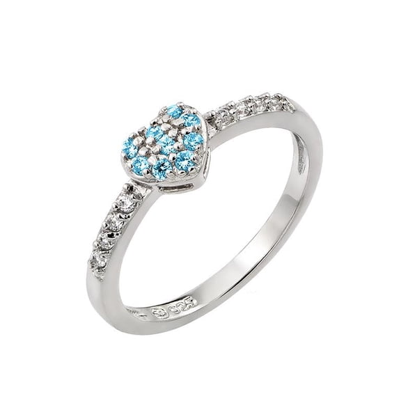 Rhodium Plated 925 Sterling Silver December Simulated Heart Ring Blue CZ Jewelry Female Size 8