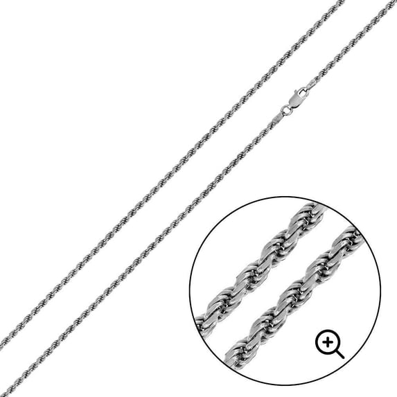 Rhodium Plated 925 Sterling Silver Diamond-Cut Rope 040 Chain 2mm Italy 20" Jewelry Female Unisex