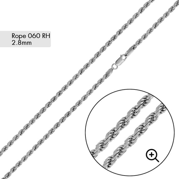 Rhodium Plated 925 Sterling Silver Diamond-Cut Rope 060 2.8mm Chain Italy 20" Jewelry Female Unisex