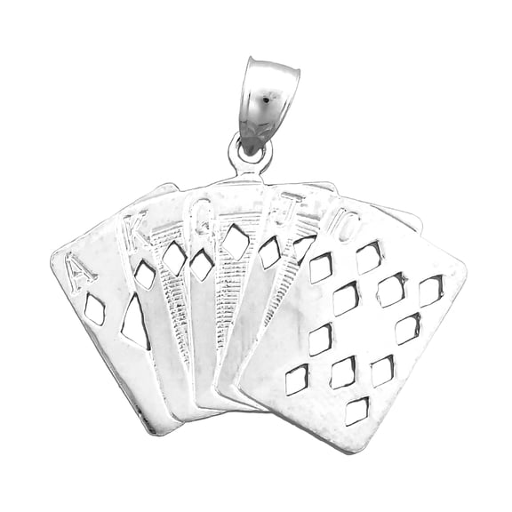 Rhodium Plated 925 Sterling Silver Diamond Royal Flush Poker Pendant