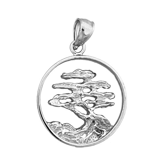 Rhodium Plated 925 Sterling Silver Elm Bonsai Tree In Circle Pendant