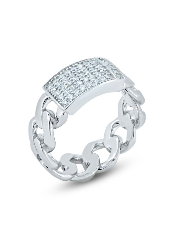 Rhodium Plated 925 Sterling Silver Encrusted ID Cuban Link Ring White CZ Jewelry Female Size 9