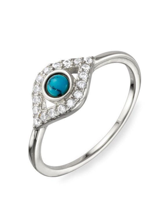 Rhodium Plated 925 Sterling Silver Eye Ring Simulated Turquoise White CZ Jewelry Female Size 5