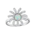 thumbnail image 1 of Rhodium Plated 925 Sterling Silver Flower Simulated Opal Ring Band White CZ Female Size 8, 1 of 4