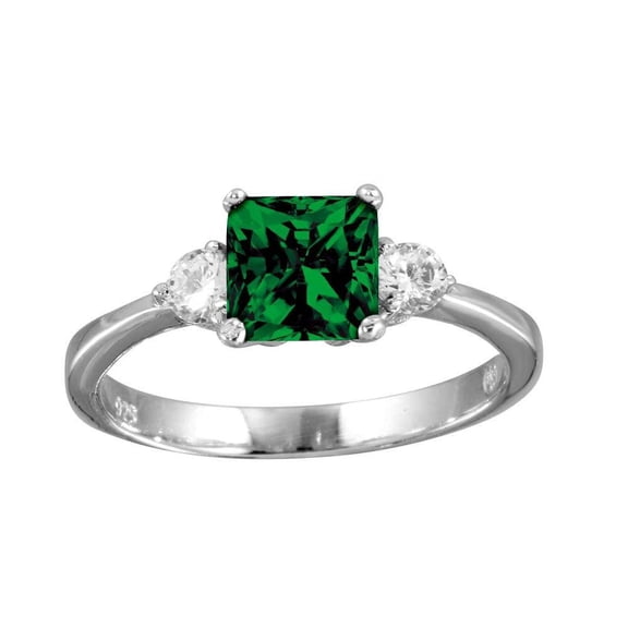 Rhodium Plated 925 Sterling Silver Green & Clear CZ High Polished Ring Jewelry Female Size 7