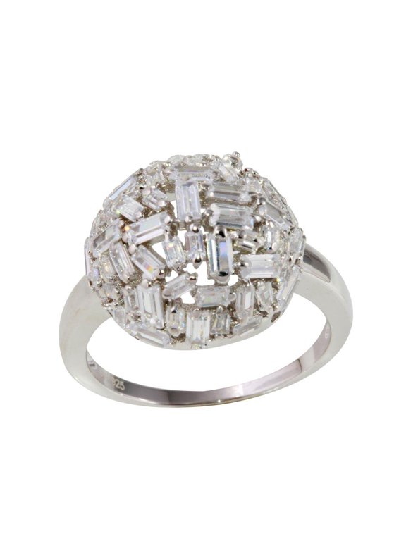 Rhodium Plated 925 Sterling Silver Half Sphere Ring Rectangle Clear CZ White Female Size 7