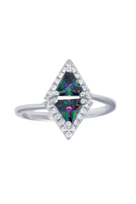Rhodium Plated 925 Sterling Silver Halo Mystic Simulated Topaz Ring Band Black CZ Female Size 5