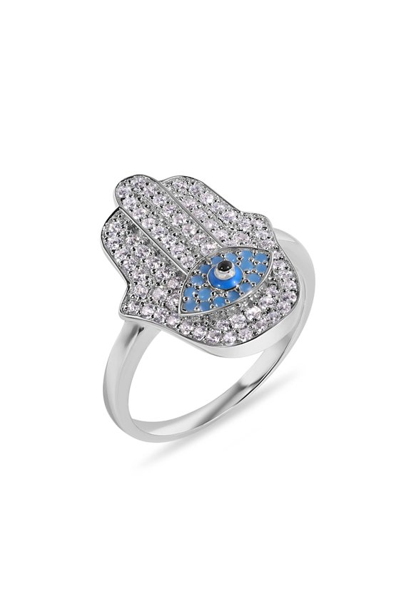 Rhodium Plated 925 Sterling Silver Hamsa Eye Simulated Turquoise Ring White CZ Female Size 5