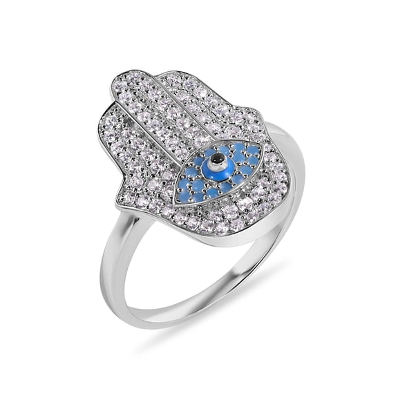 Rhodium Plated 925 Sterling Silver Hamsa Eye Simulated Turquoise Ring White CZ Female Size 7