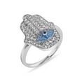 thumbnail image 1 of Rhodium Plated 925 Sterling Silver Hamsa Eye Simulated Turquoise Ring White CZ Female Size 8, 1 of 4