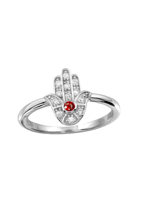 Rhodium Plated 925 Sterling Silver Hamsa Ring Clear & Red Band Cubic Zirconia Jewelry Female Size 9