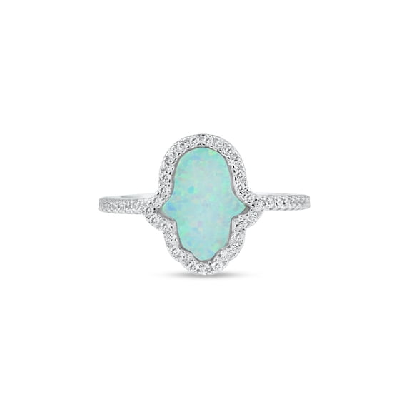 Rhodium Plated 925 Sterling Silver Hamsa Simulated Opal Clear CZ Ring White Female Size 8