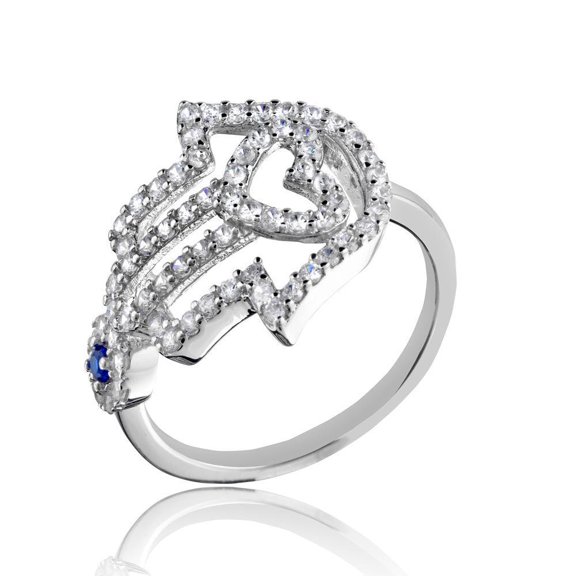 Rhodium Plated 925 Sterling Silver Heart Hamsa Evil Eye Clear CZ Band White Female Size 9