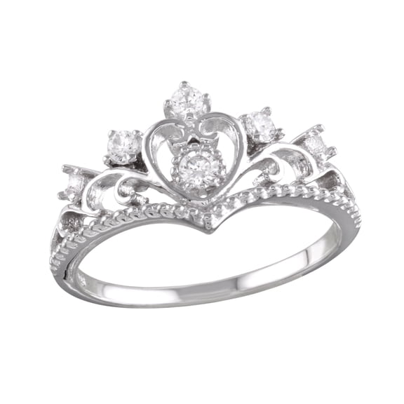 Rhodium Plated 925 Sterling Silver Heart Tiara Ring Clear CZ Band White Jewelry Female Size 7