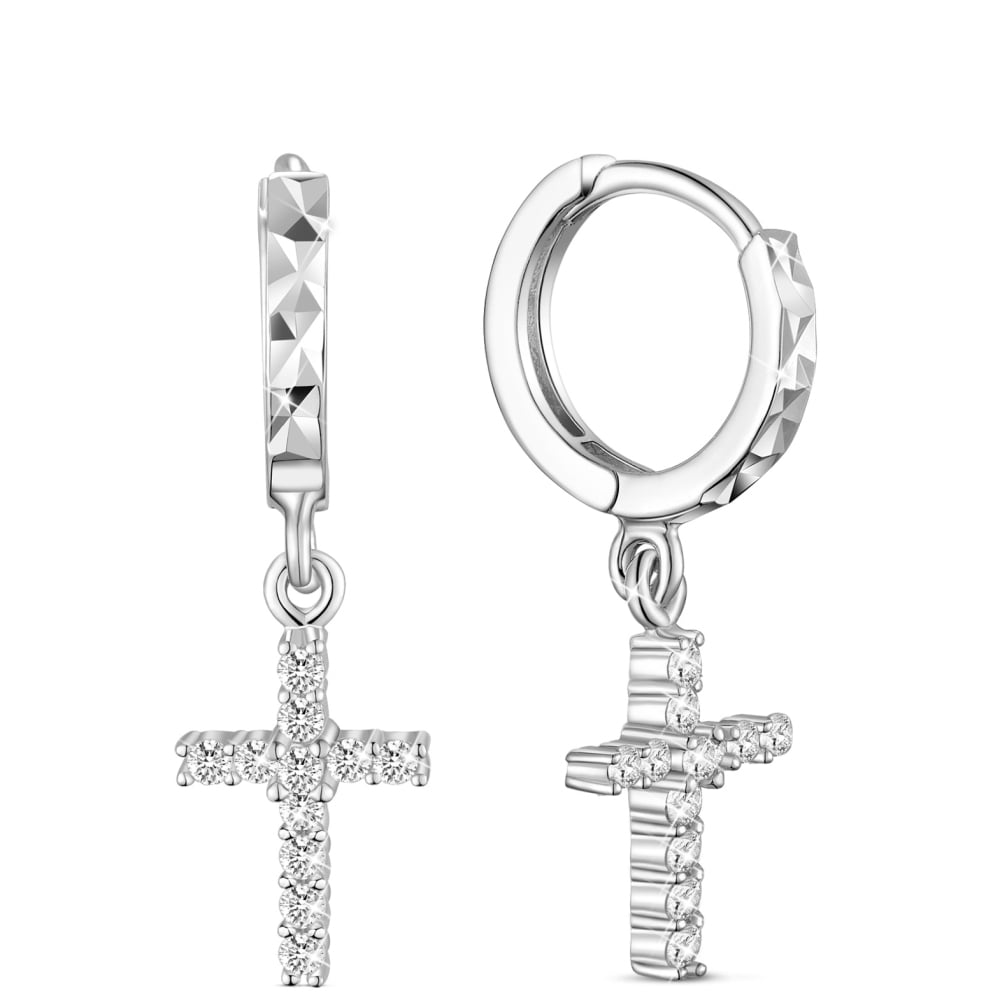 Rhodium Plated 925 Sterling Silver Hoop Earrings with Brass Micro Pave AAA Cubic Zirconia Cross Pendant Platinum 28mm Cross: 13x10cm
