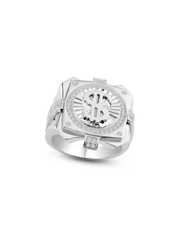 Rhodium Plated 925 Sterling Silver Men's Dollar $ Sign Ring Band White Cubic Zirconia Female Size 11
