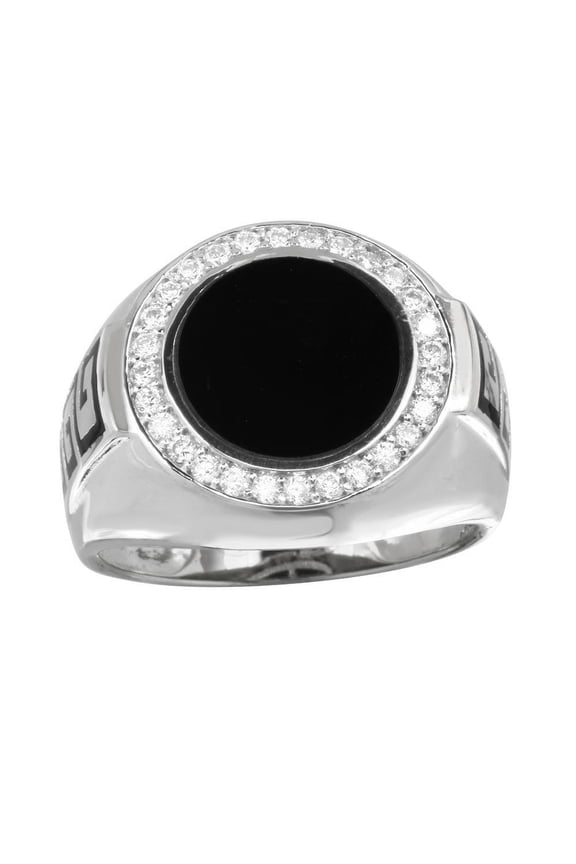 Rhodium Plated 925 Sterling Silver Men's Flat Round Onyx Ring Band White CZ Female Size 9