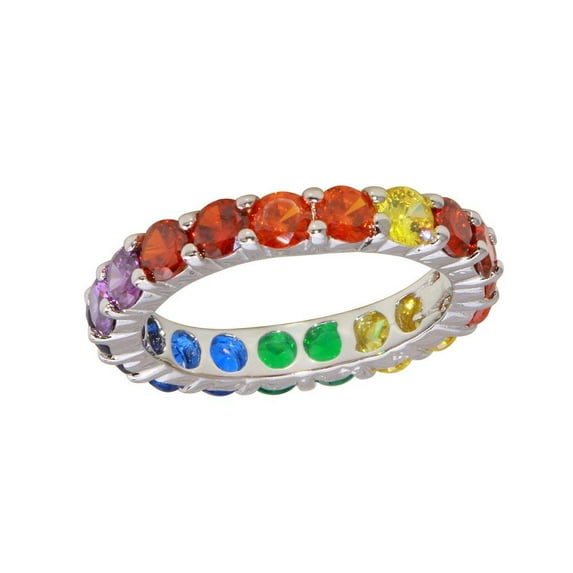 Rhodium Plated 925 Sterling Silver Multi-Colored Eternity Ring Band Multi-color CZ Female Size 5