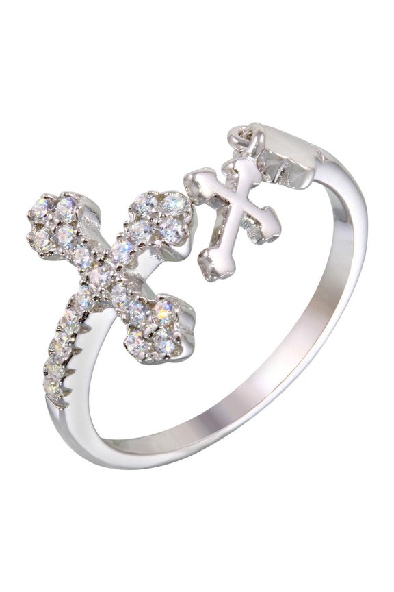 Rhodium Plated 925 Sterling Silver Open End Double Cross Ring Clear CZ White Female Size 5