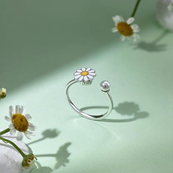 Rhodium Plated 925 Sterling Silver Open Finger Rings with Enamel & 925 Stamp for Women Daisy Flower Anxiety Worry Fidget Spinner Ring Real Platinum Plated 1.6mm US Size 7(17.3mm)