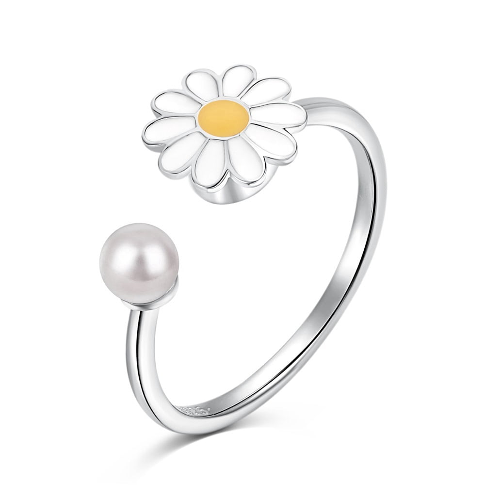 Rhodium Plated 925 Sterling Silver Open Finger Rings with Enamel & 925 Stamp for Women Daisy Flower Anxiety Worry Fidget Spinner Ring Real Platinum Plated 1.6mm Size 7(17.3mm)
