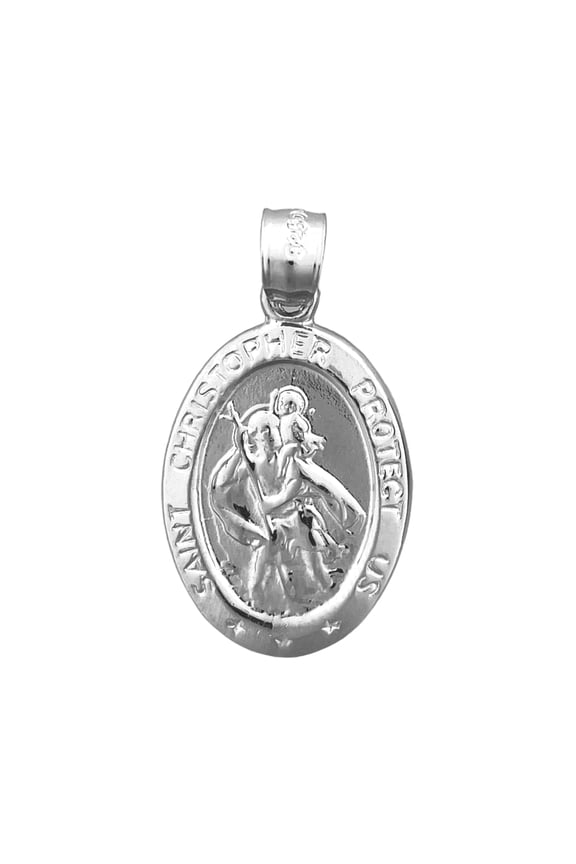 Rhodium Plated 925 Sterling Silver Oval Saint Christopher Protect Us Charm