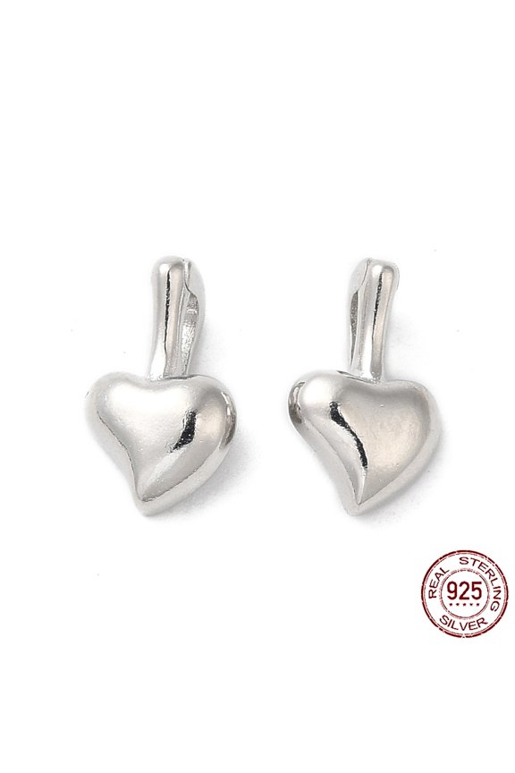 Rhodium Plated 925 Sterling Silver Pendants Heart Charms with S925 Stamp Real Platinum Plated 11.5x7x4mm Hole: 3x1.5mm