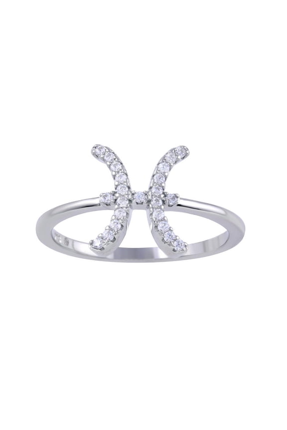 Rhodium Plated 925 Sterling Silver Pisces Clear CZ Zodiac Sign Ring White Jewelry Female Size 5