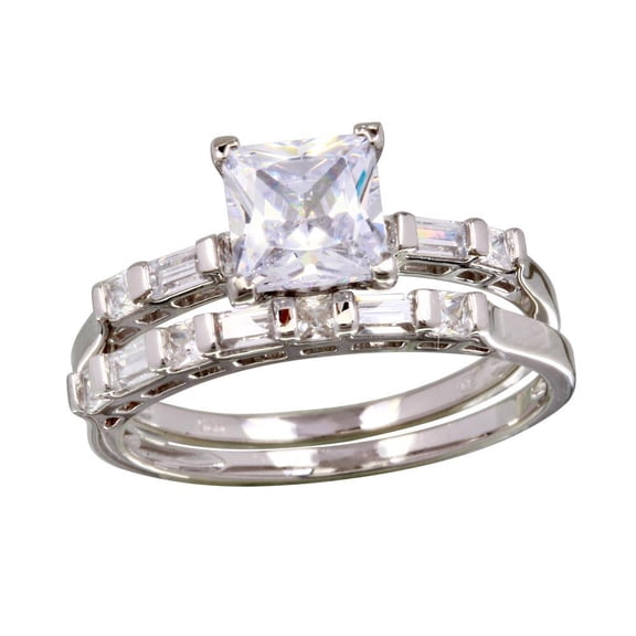 Rhodium Plated 925 Sterling Silver Princess Cut Engagement Ring Band White CZ Female Size 7