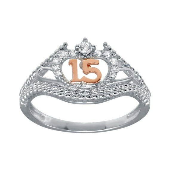 Rhodium Plated 925 Sterling Silver Quinceanera Crown Love Ring White CZ Jewelry Female Size 9