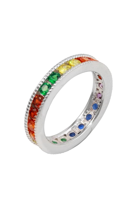 Rhodium Plated 925 Sterling Silver Rainbow Eternity Ring Band Multi-color CZ Female Size 9