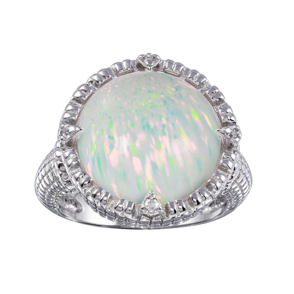 Rhodium Plated 925 Sterling Silver Round Simulated Opal Ring with White Cubic Zirconia Female Size 5