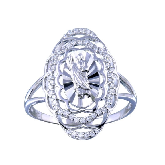 Rhodium Plated 925 Sterling Silver Saint Jude Clear Cubic Zirconia Filigree Ring White Female Size 9