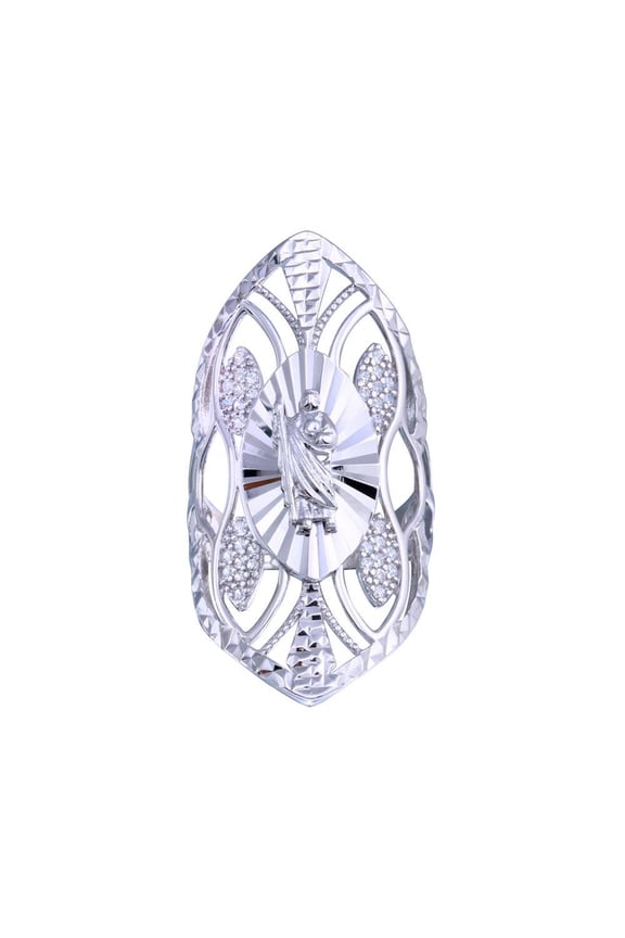 Rhodium Plated 925 Sterling Silver Saint Jude Filigree Band Ring White CZ Jewelry Female Size 9
