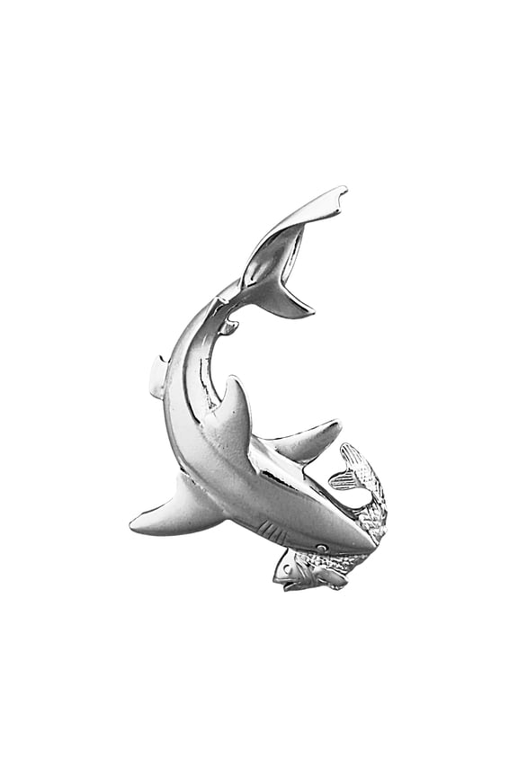 Rhodium Plated 925 Sterling Silver Shark Catching Fish In Mouth Pendant Slide