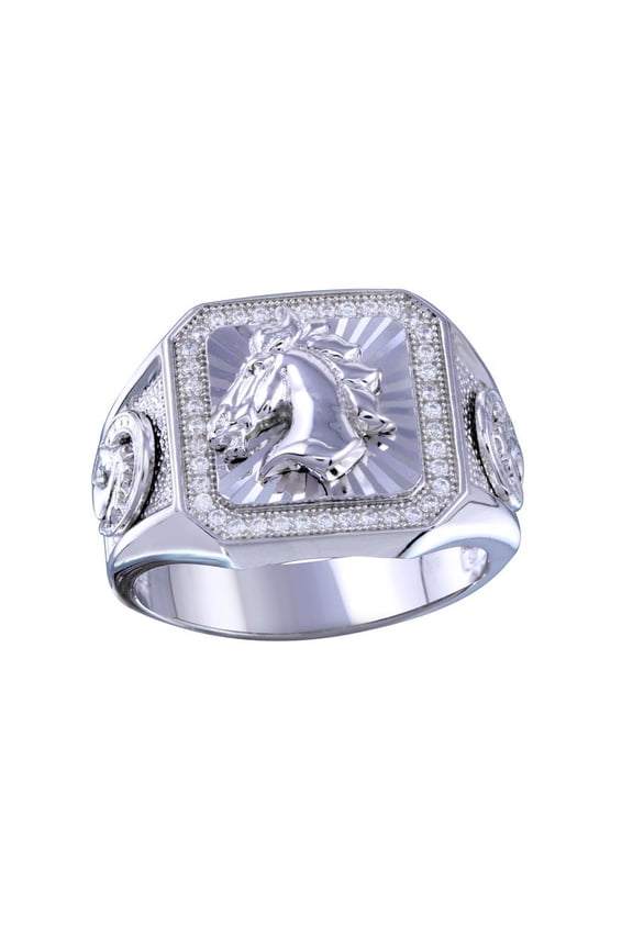 Rhodium Plated 925 Sterling Silver Stallion Horse Statement Ring White Cubic Zirconia Female Size 12