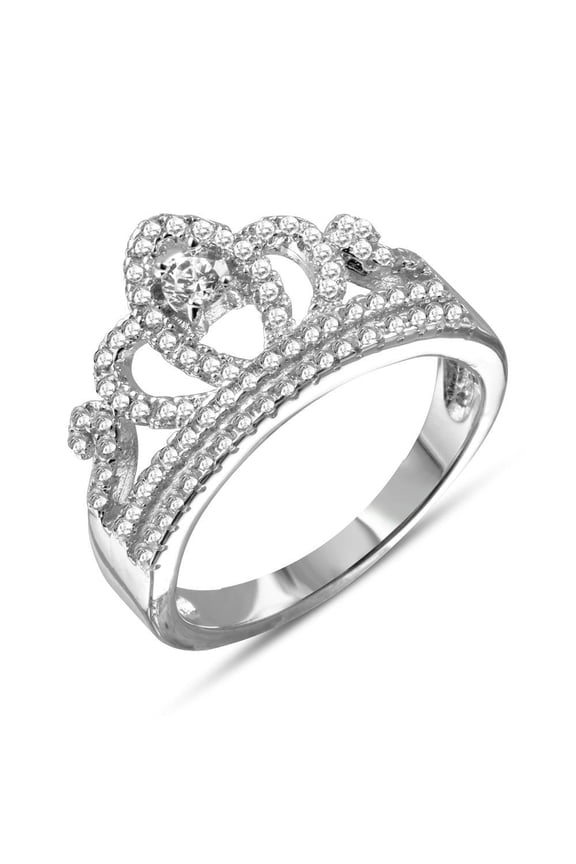 Rhodium Plated 925 Sterling Silver Tiara Clear CZ Ring Crown Band White Jewelry Female Size 5