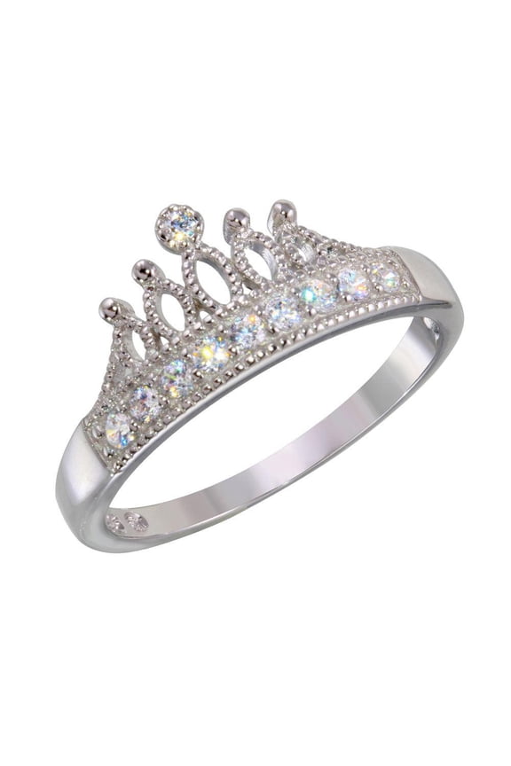 Rhodium Plated 925 Sterling Silver Tiara Crown Ring Clear CZ Band White Jewelry Female Size 5