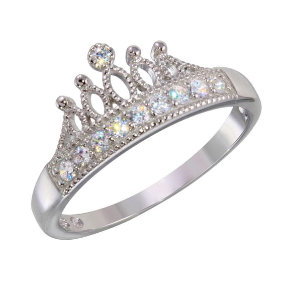 Rhodium Plated 925 Sterling Silver Tiara Crown Ring Clear CZ Band White Jewelry Female Size 8