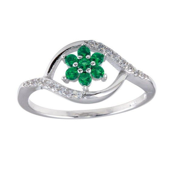 Rhodium Plated 925 Sterling Silver Wave Green Flower Ring Band Cubic Zirconia Jewelry Female Size 5