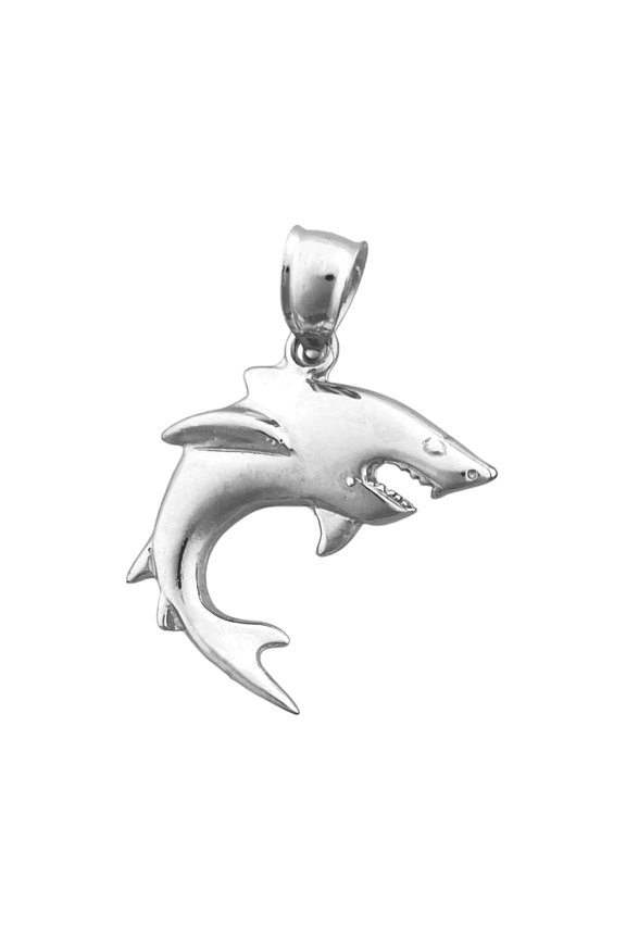 Rhodium Plated 925 Sterling Silver Wide Open Jaws Shark Pendant