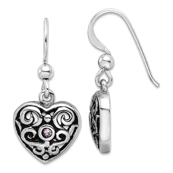 Rhodium Plated Oxidized Pink Cubic Zirconia Filigree Love Heart Long Drop Dangle Earrings 26.6x12.6mm Wide Dangle Earrin