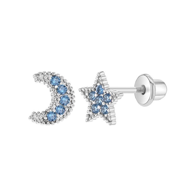 Rhodium Plated Screw Back Earrings Toddlers Little Girls Kids Blue CZ Moon Star