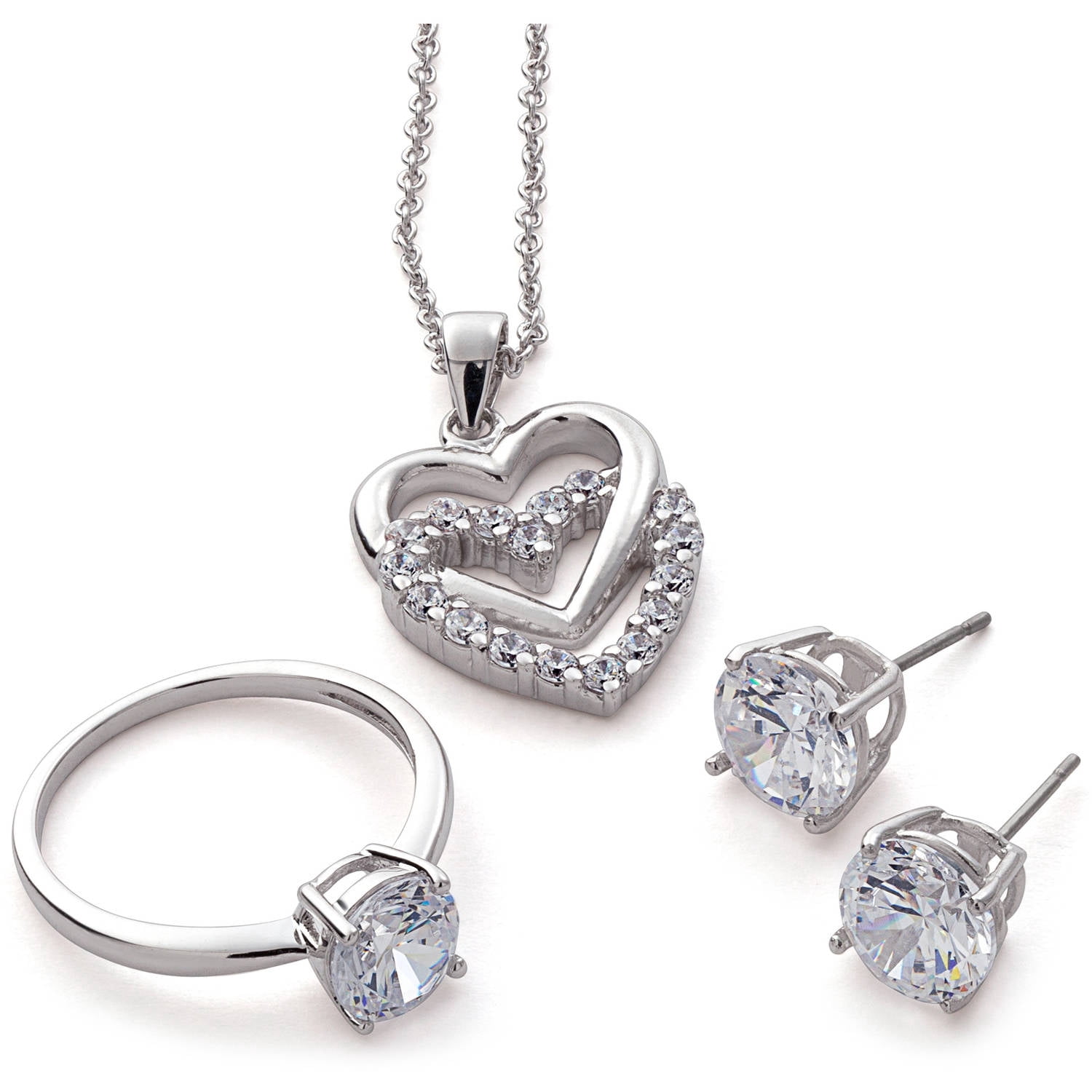 Rhodium Plated CZ Earring, Pendant and Ring Wardrobe Set