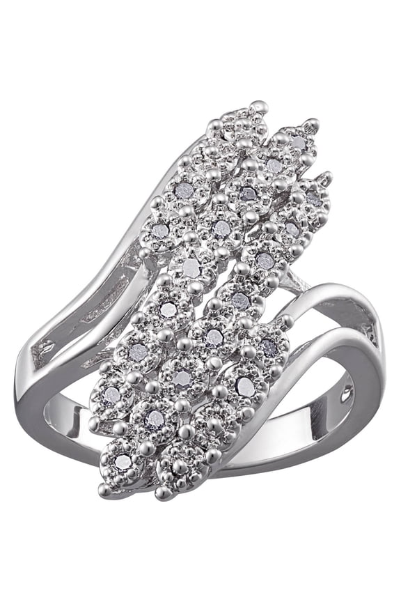 Rhodium Plated Diamond Accent 3 Row Bypass Ring