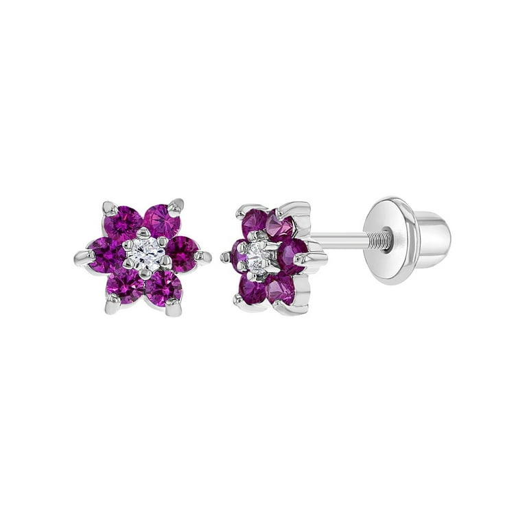 Rhodium Plated Fuchsia & Clear CZ Flower Screw Back Earrings for Young  Girls 5mm