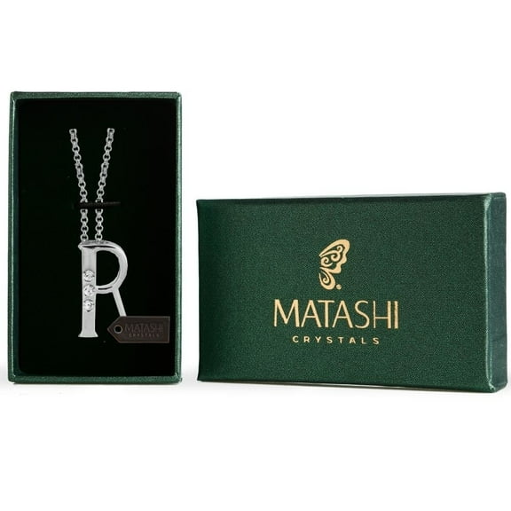 Rhodium Plated Necklace with Personalized Letter R Initial Design with a 16 Extendable Chain and High Quality Clear Crystals
