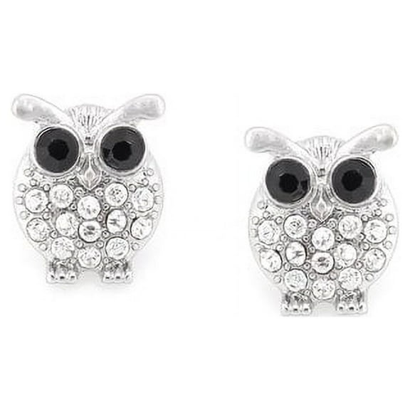 Rhodium-Plated Pave Crystal Owl Button Earrings