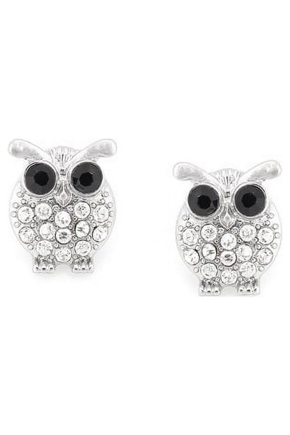 Rhodium-Plated Pave Crystal Owl Button Earrings